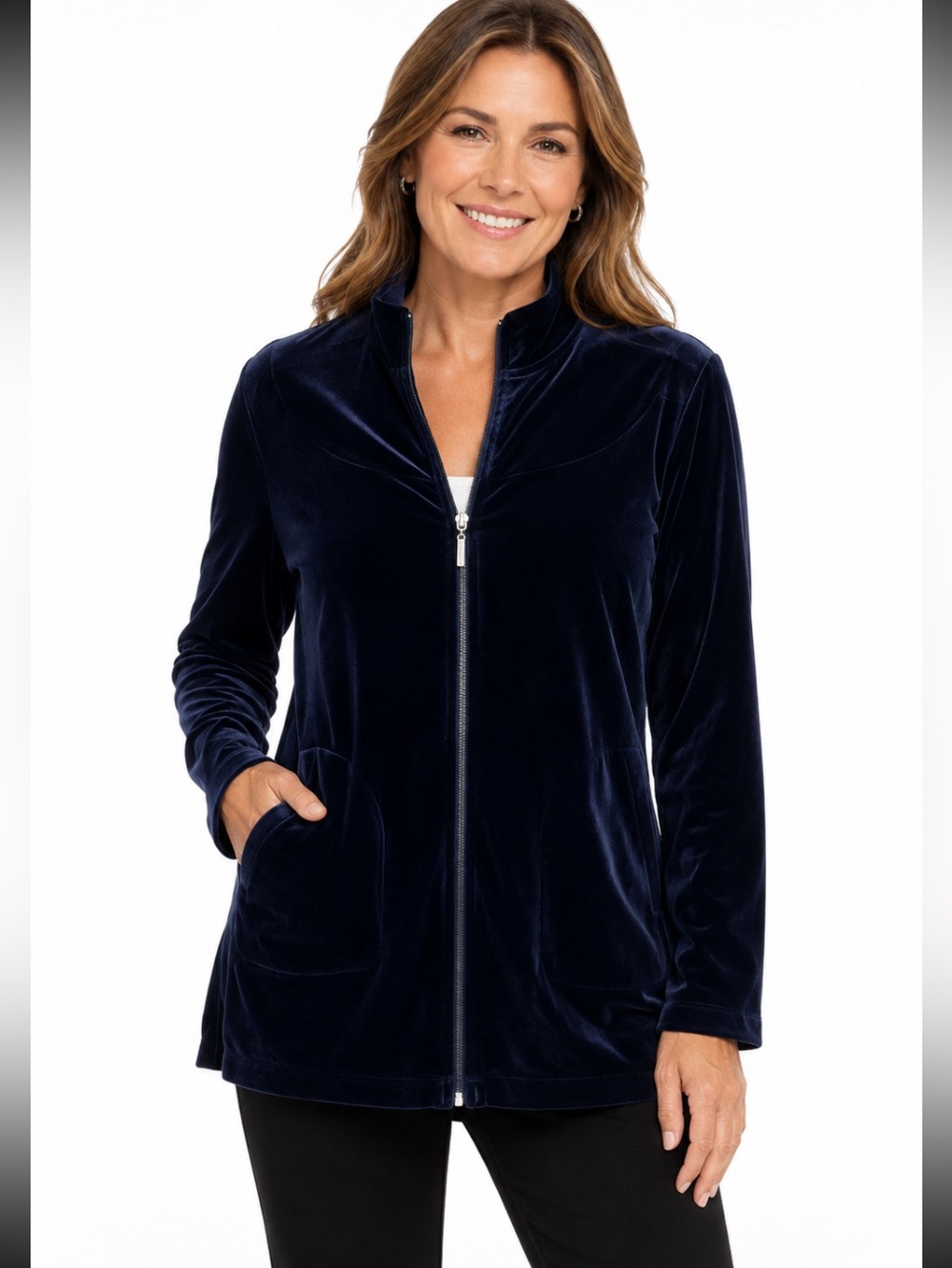 CHICOS Navy Blue Luxe Velour
Full Zip-Funnel Neck Fall Jacket 6 NWOT